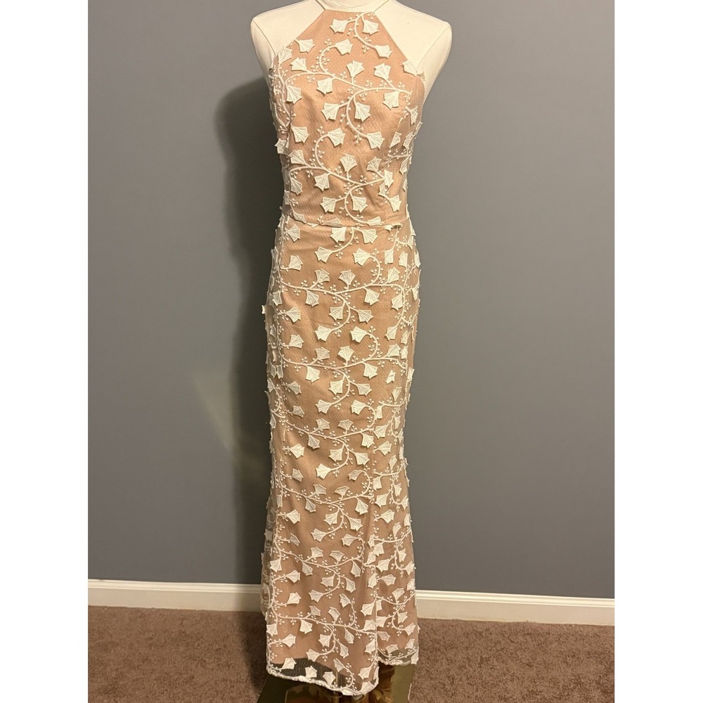 Jarlo Embroidered Mesh Maxi Dress 12 Petite Floral Aplique Nude Illusion‎ Formal